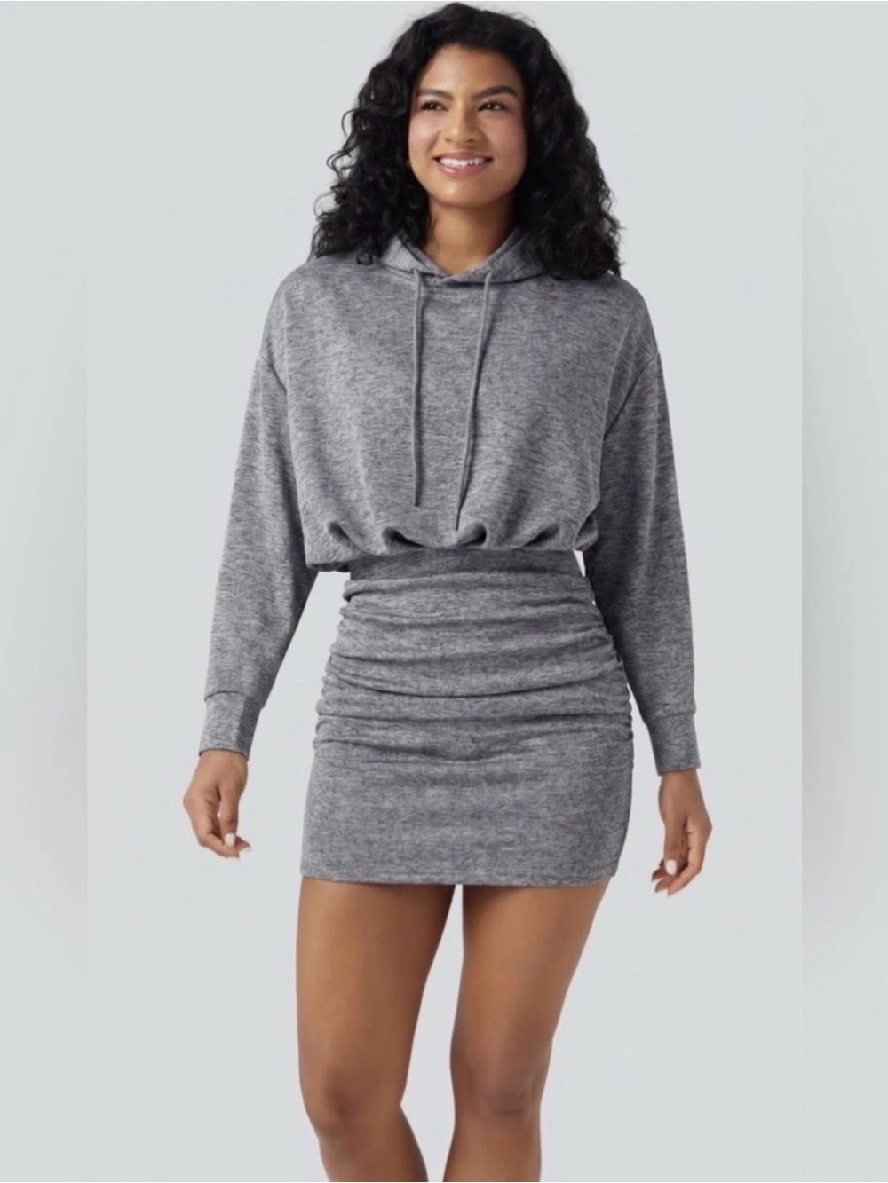 HALARA Gray SpacerTek™ Long Sleeve Ruched Bodycon Mini Casual Hoodie Dress